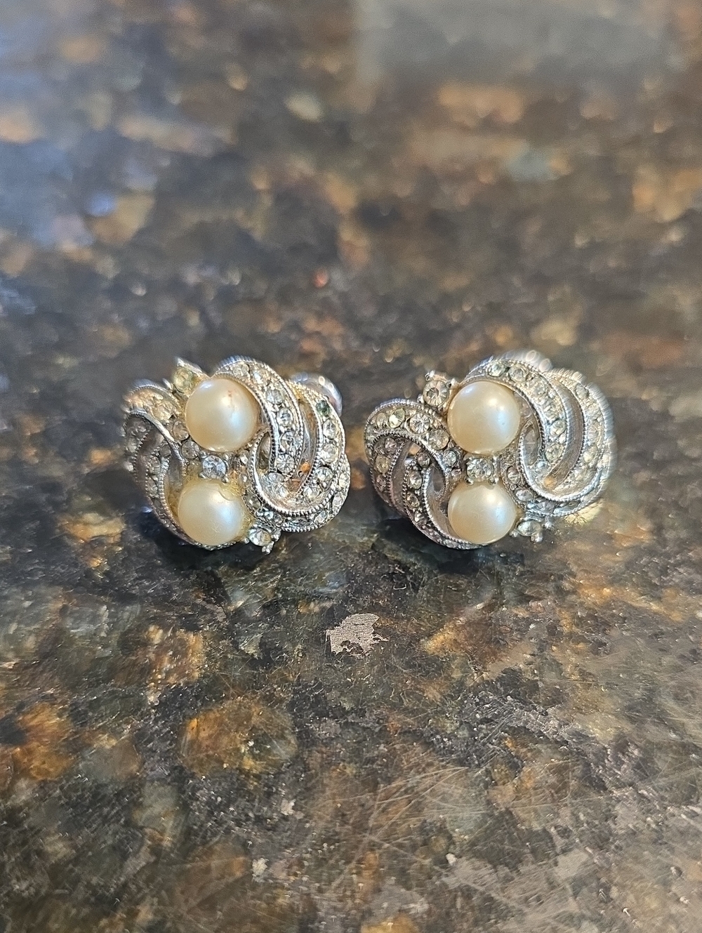 Vintage Richelieu Pearl and Crystal Swirl Clip-On Earrings - Cream Pearls